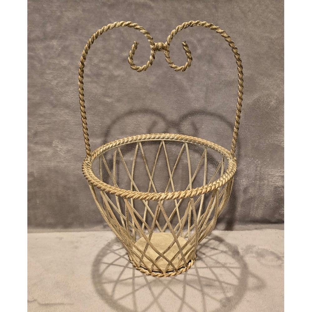 Vintage Shabby Chic Distressed Metal Wire Basket with Bow Handle Cream 14.5"